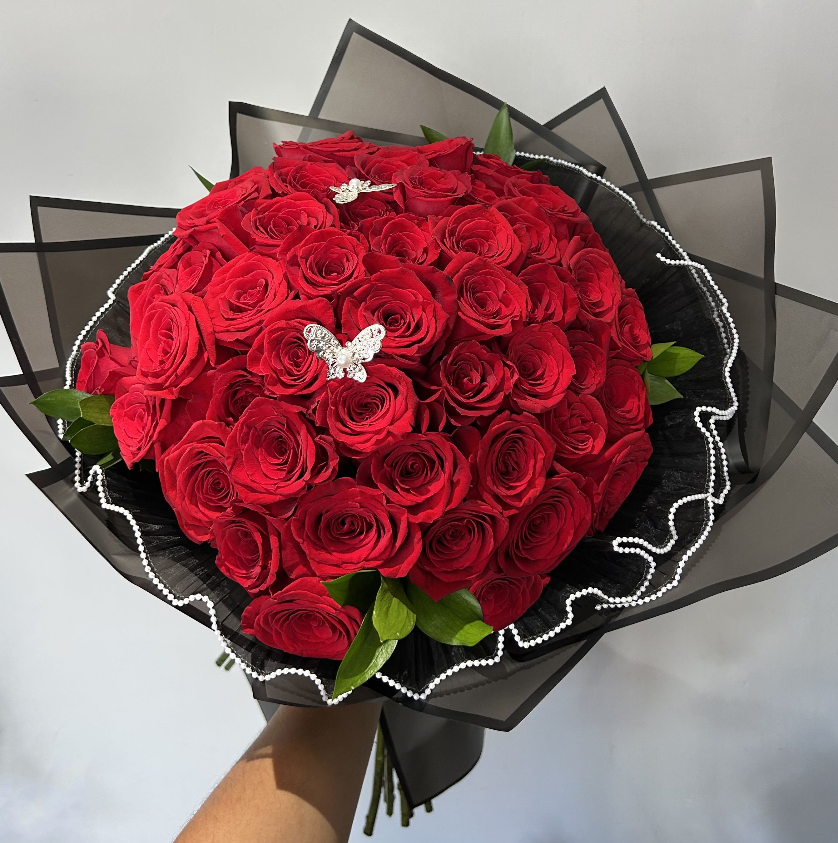 Red Rose Buchon Bouquet - 50 Red Roses wrapped Buchon Style (no vase)