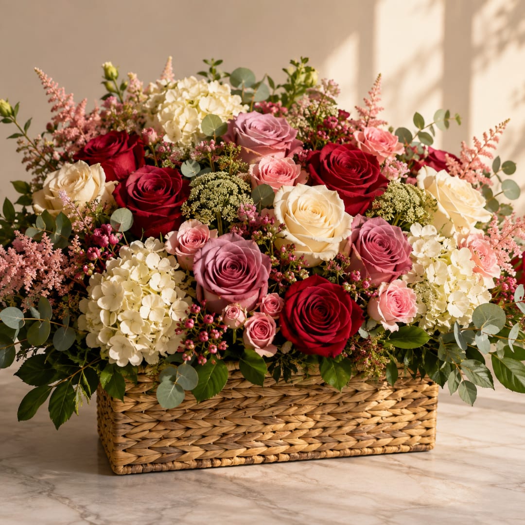 Mixed roses and hydrangeas arranged in a woven basket