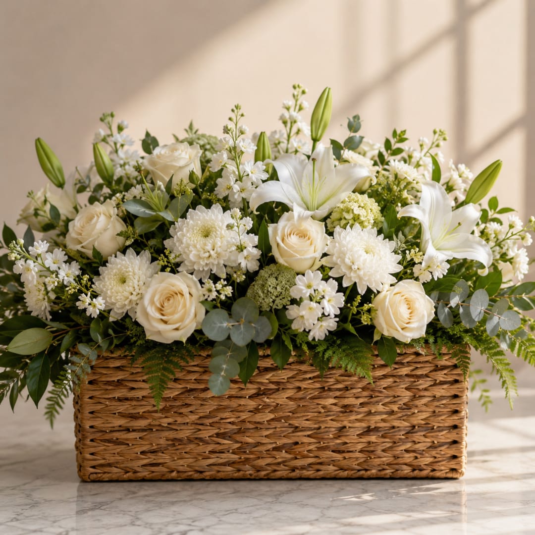 White roses and lilies arranged in a woven basket