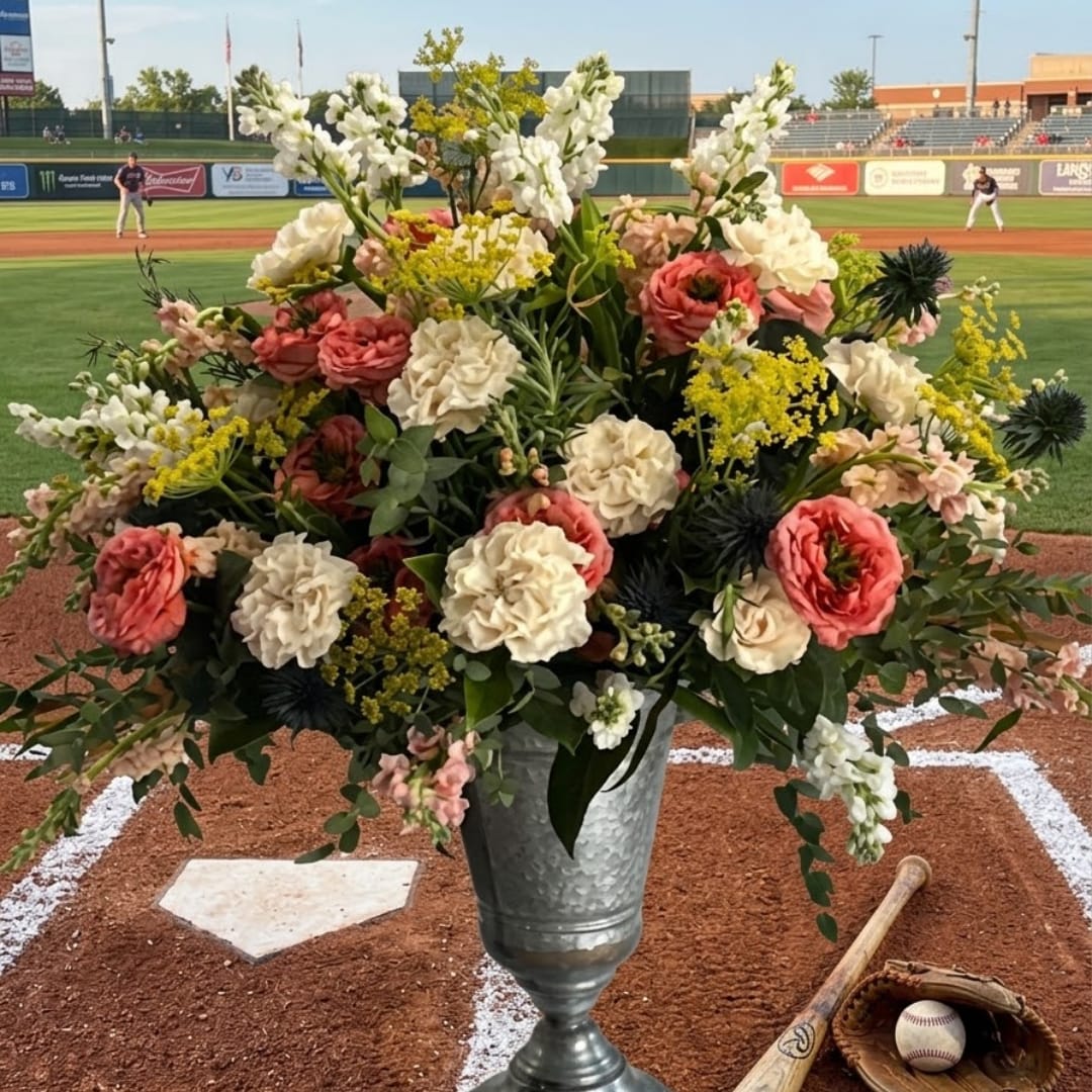 Large mixed floral arrangement in a metal vase on a baseball field