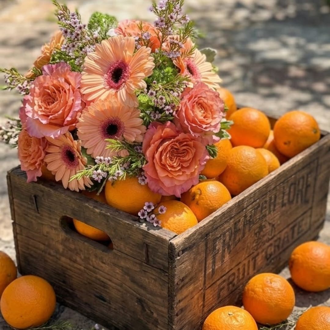 Peach and pink flower bouquet arranged in a wooden crate with oranges