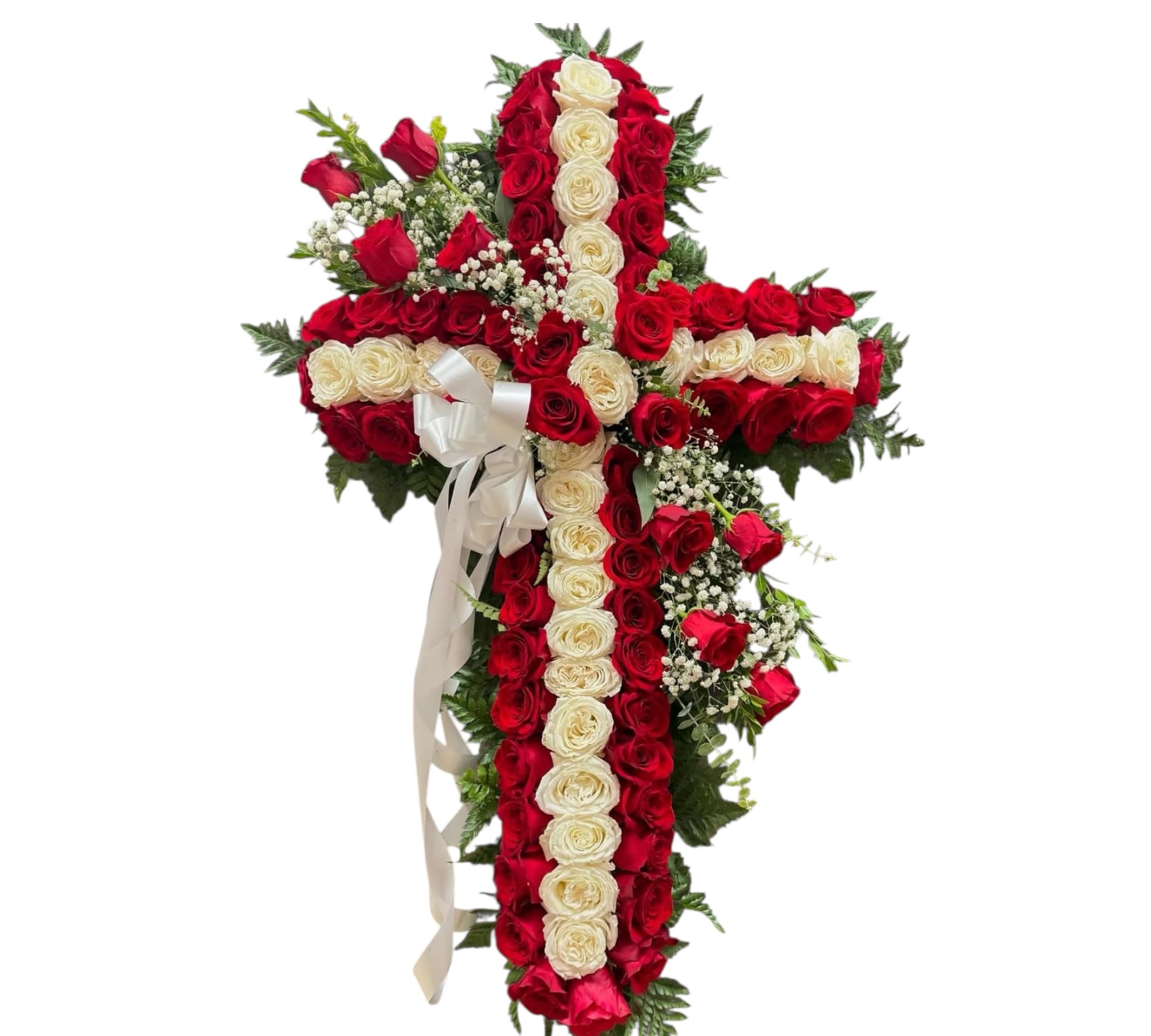 Classic Red &amp; white roses cross arrangement  - Designed in a cross shape with fresh red and white roses and soft greenery, it symbolizes faith, peace, and eternal rest. This elegant standing arrangement is perfect for funeral services or memorials to honor a loved one with beauty and grace. 