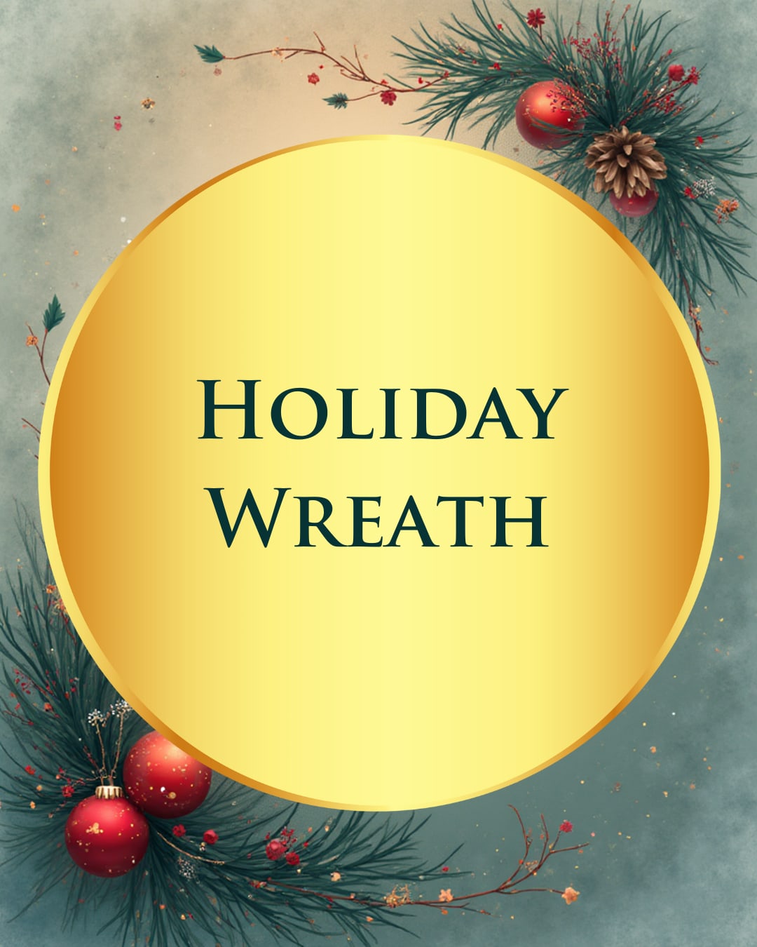 Holiday wreath graphic with pine branches and red ornaments