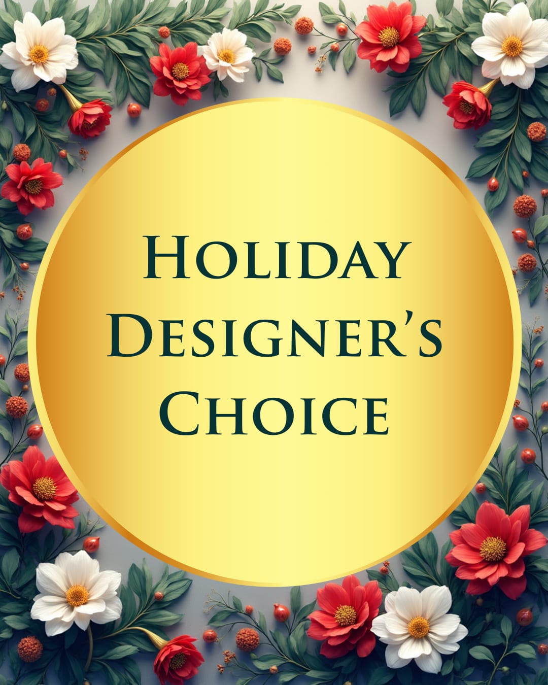 Holiday designer's choice graphic with red and white flowers around a yellow circle