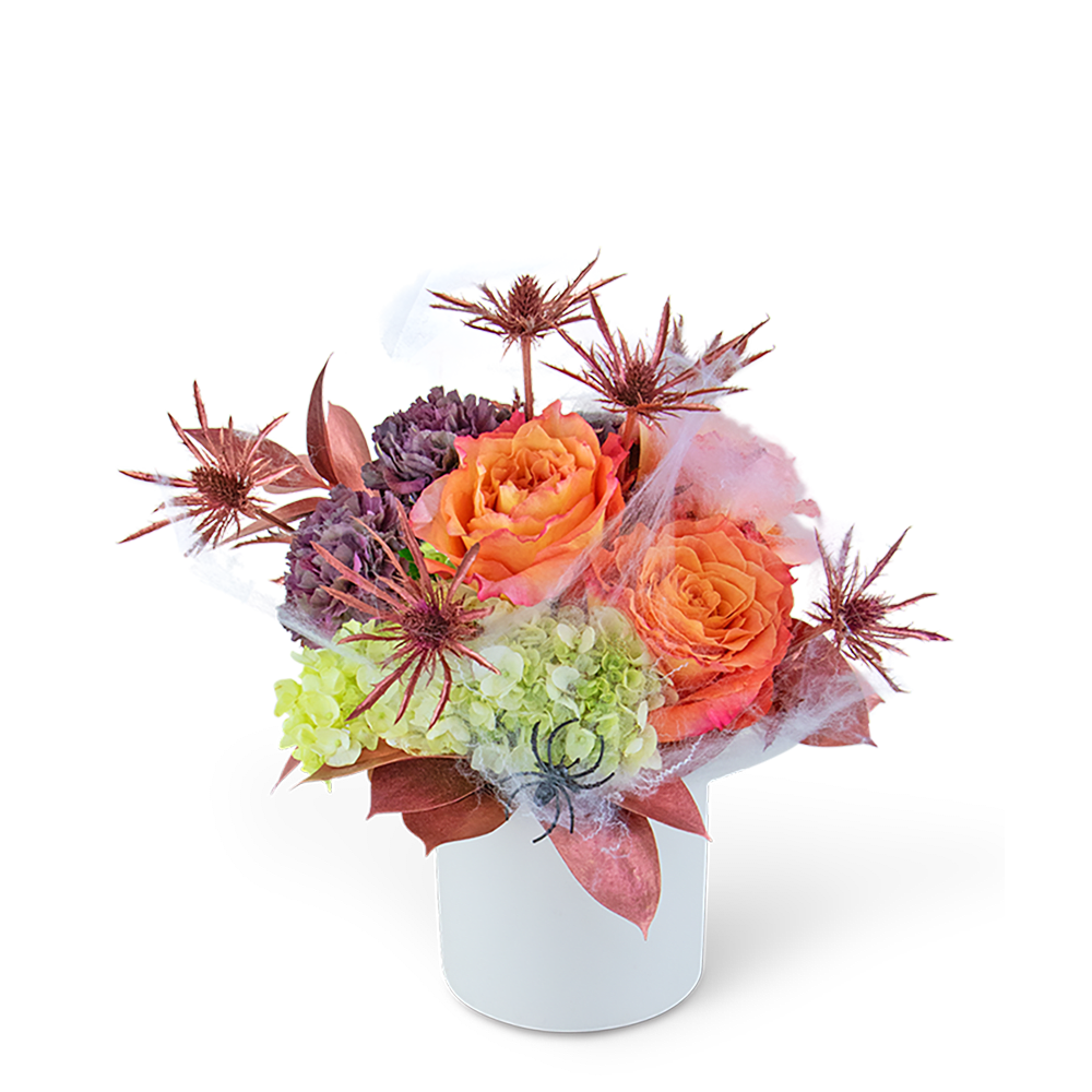 Haunted Harvest - Our Haunted Harvest flower design is a bewitching blend of roses, carnations, and hydrangeas, accented with eerie spider and web details. With its enchanting combination of beauty and spookiness, it adds an enchanting touch to any Halloween-themed table. The mixture of vibrant blooms and haunting accents makes it a perfect centerpiece to create a mesmerizing and festive ambiance.