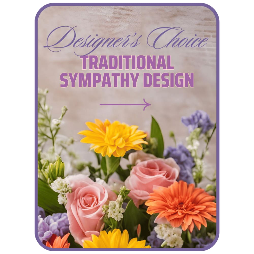 Traditional sympathy design with pink roses, orange and yellow daisies, and purple flowers