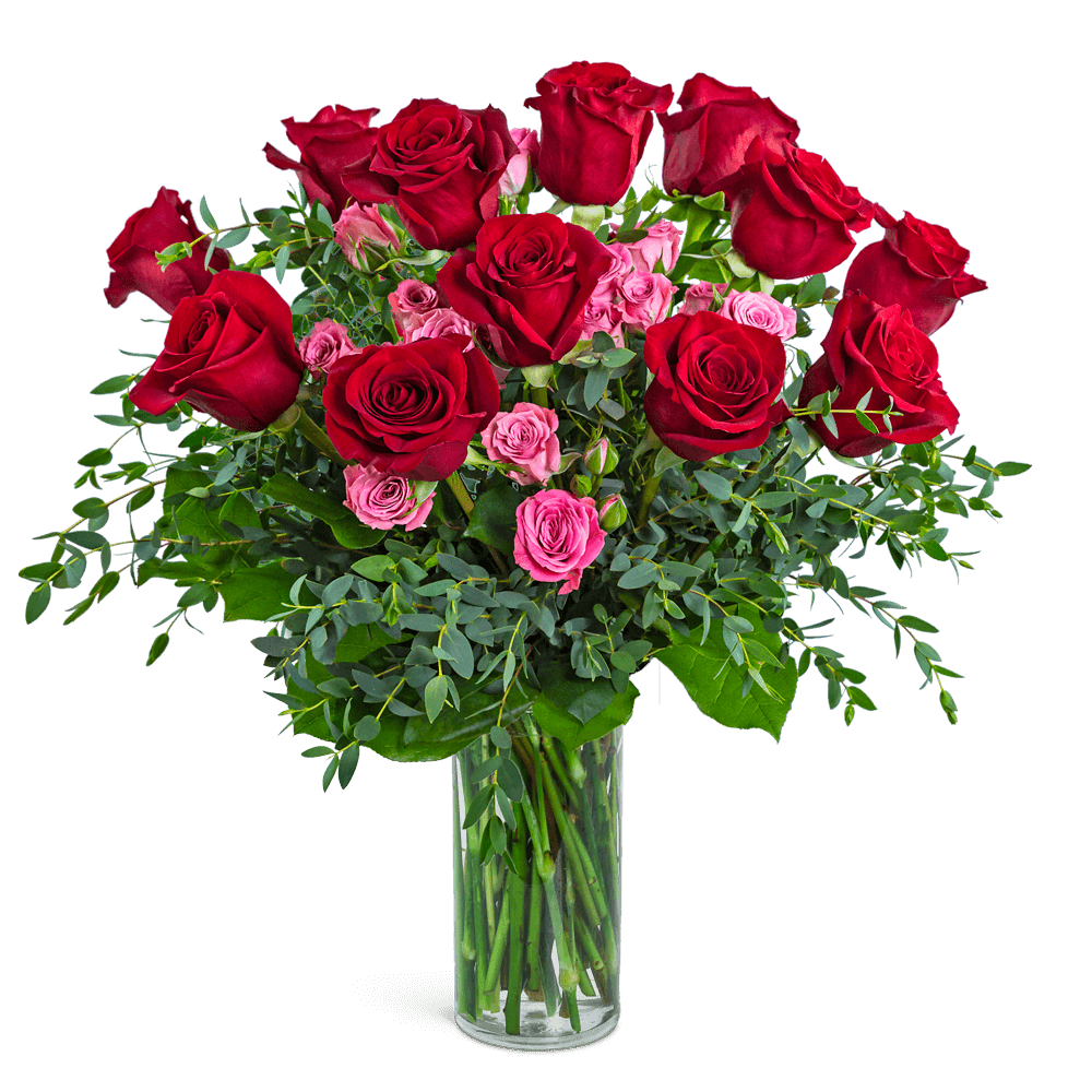Red and pink roses in a clear glass vase