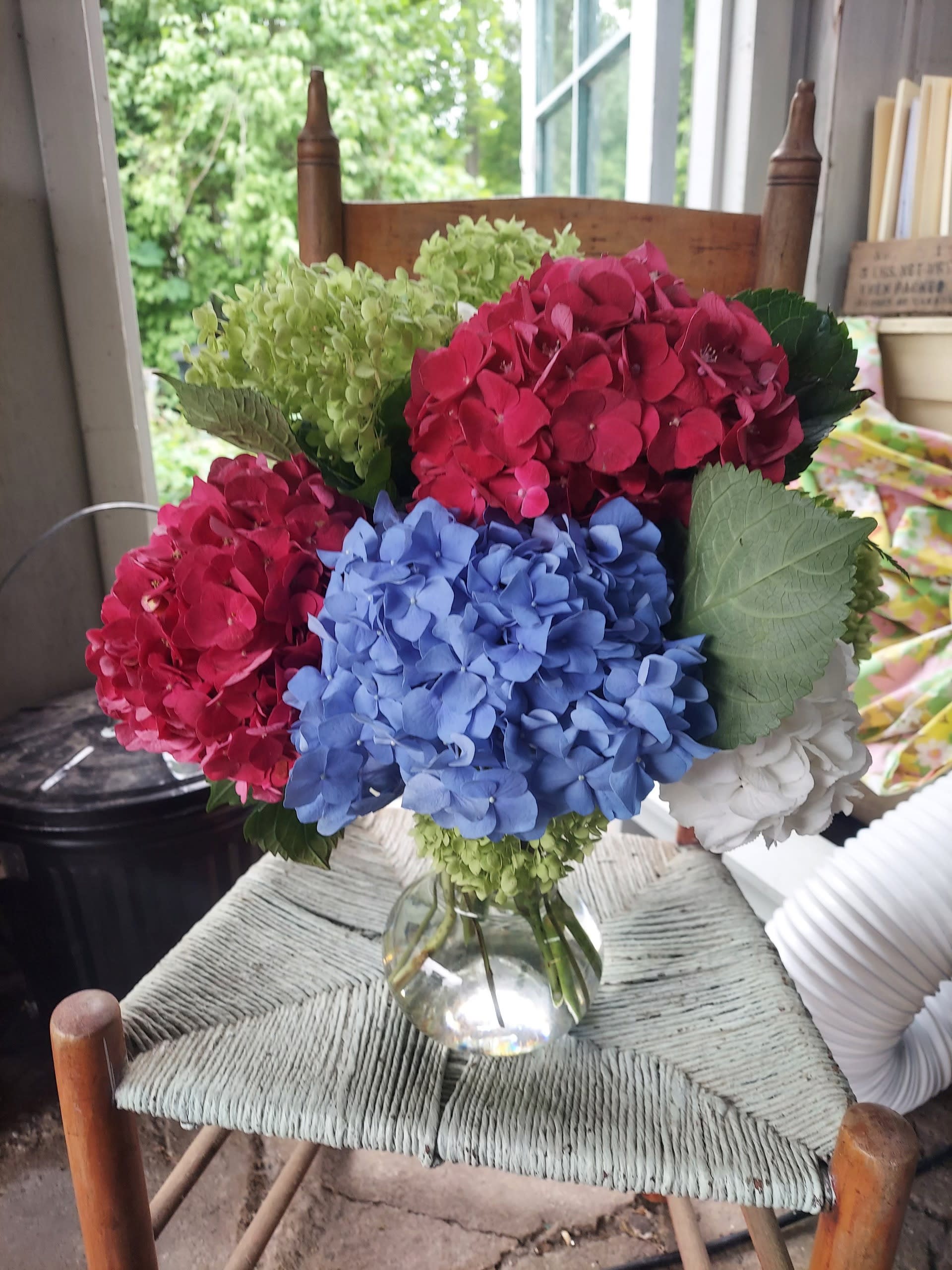 Bouquet of colorful hydrangeas in a clear glass vase