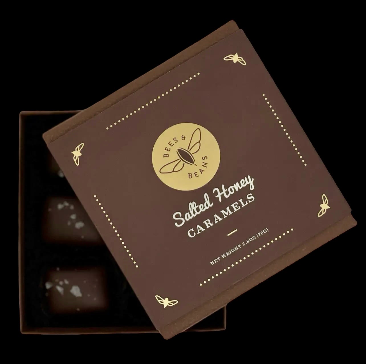 Box of salted honey caramels with a brown lid