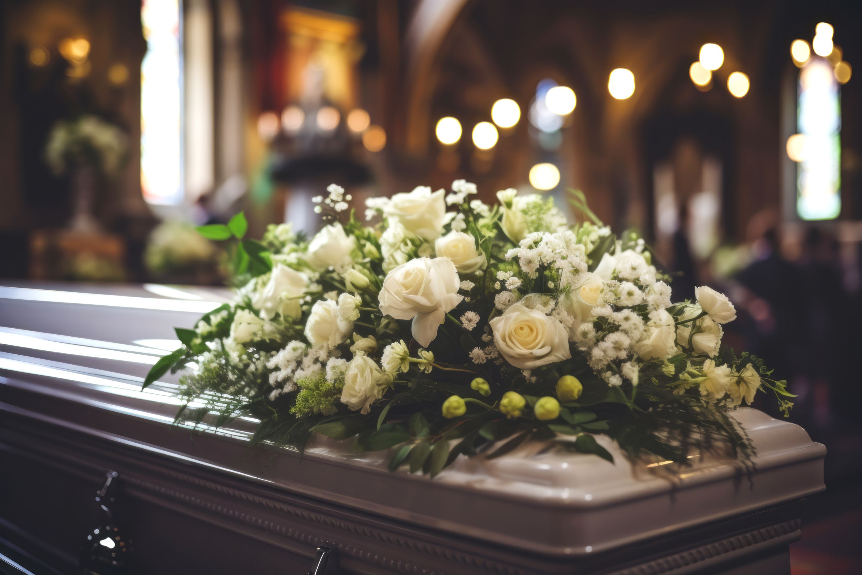 White rose casket spray on a closed casket in a softly lit chapel