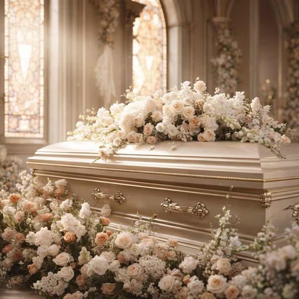 Heavenly Surround Peaceful Sympathy Set -  The Heavenly Surround Peaceful Sympathy Tribute is a heartfelt and elegant arrangement designed to honor your loved one with grace and serenity. This tribute features a beautifully crafted casket spray and accompanying floor florals measuring approximately 6 feet in length. Together, they create a dignified and memorable display of love and remembrance. *Floral colors are customizable   Please note: The image shown is for example purposes only. Floral designs may vary based on seasonal availability, but the quality and beauty of your arrangement are always guaranteed. Advance notice is required to ensure the finest blooms are used.