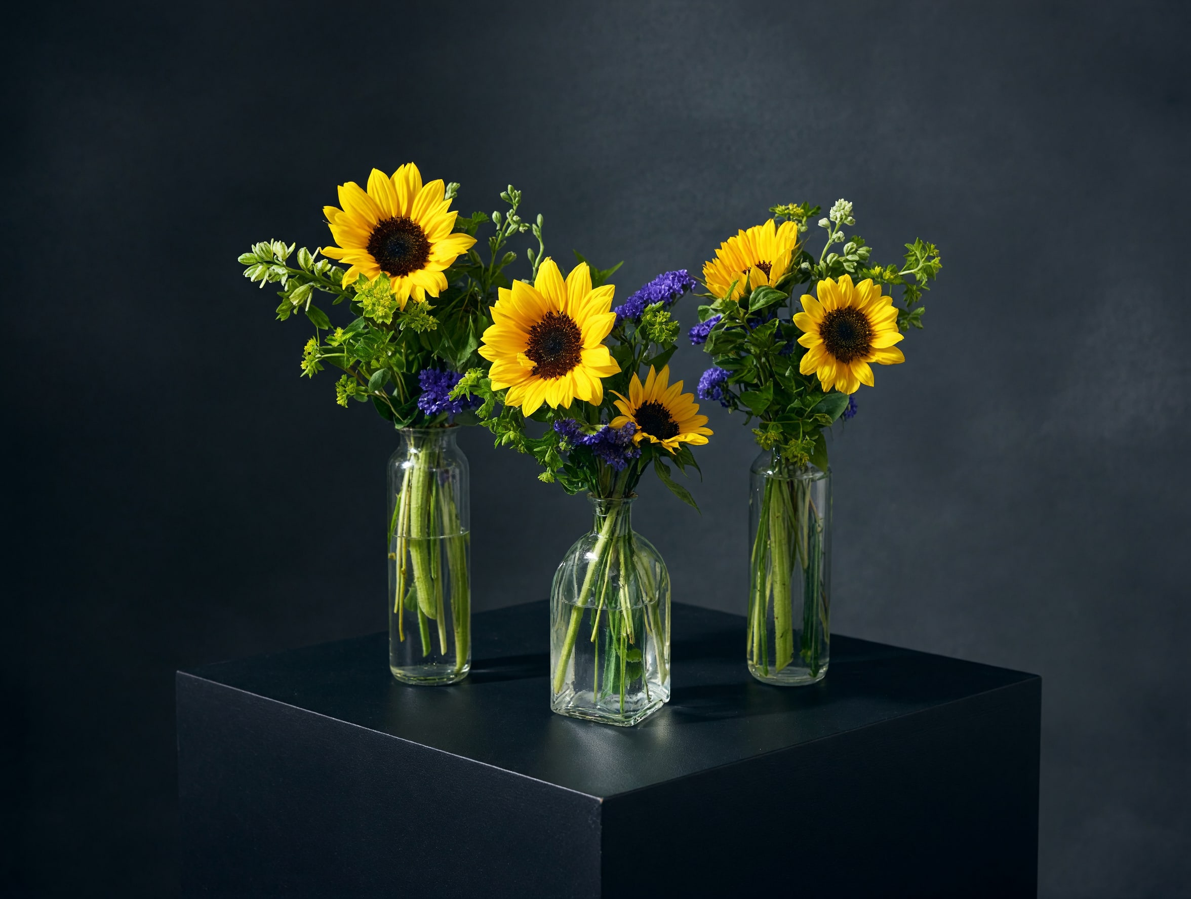 Sunshine Trio - Brighten someone’s day with our cheerful Sunshine Trio. This handcrafted collection features three coordinating glass bud vases, each designed with radiant sunflowers, fresh seasonal blooms, textured greenery, and vibrant accents. Display them together as a centerpiece or separately throughout the home to spread sunshine in every room.  Perfect for birthdays, thank-you gifts, get well wishes, thinking of you, or just because.  Each arrangement is designed with the freshest seasonal flowers available. Substitutions may occur while preserving the overall style, color palette, and value.