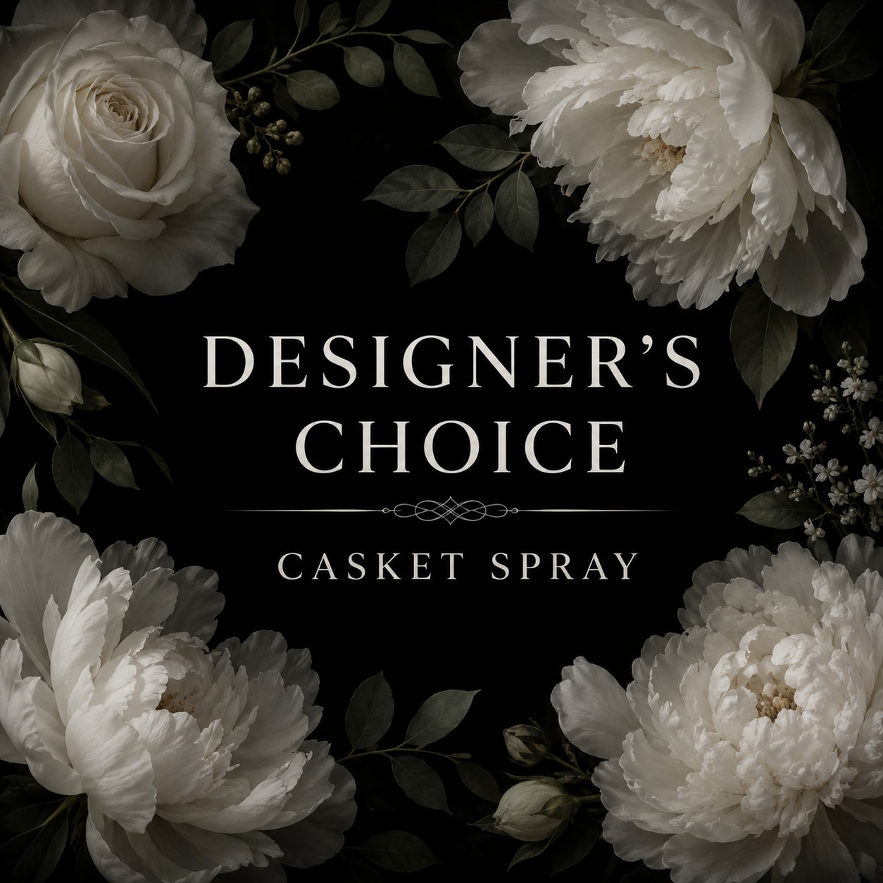 White floral casket spray with roses and peonies on a black background