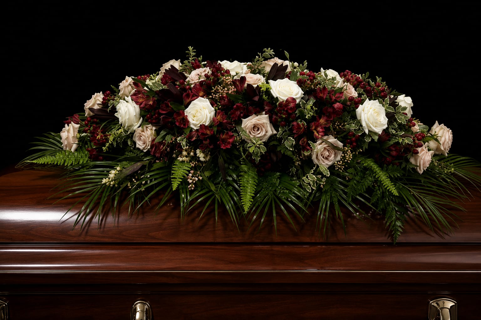 Crimson Grace Casket Spray  - A beautifully composed casket spray designed with rich burgundy blooms, soft ivory roses, and lush greenery to create a timeless and elegant tribute. This arrangement blends depth and softness, symbolizing love, honor, and a life well remembered.  Crafted with premium seasonal flowers and designed in a low, full style, this piece offers a graceful presence atop the casket without overwhelming the space.  Perfect for families seeking a refined and meaningful farewell.   Flower varieties may vary slightly based on availability while maintaining the overall look, color palette, and design style.