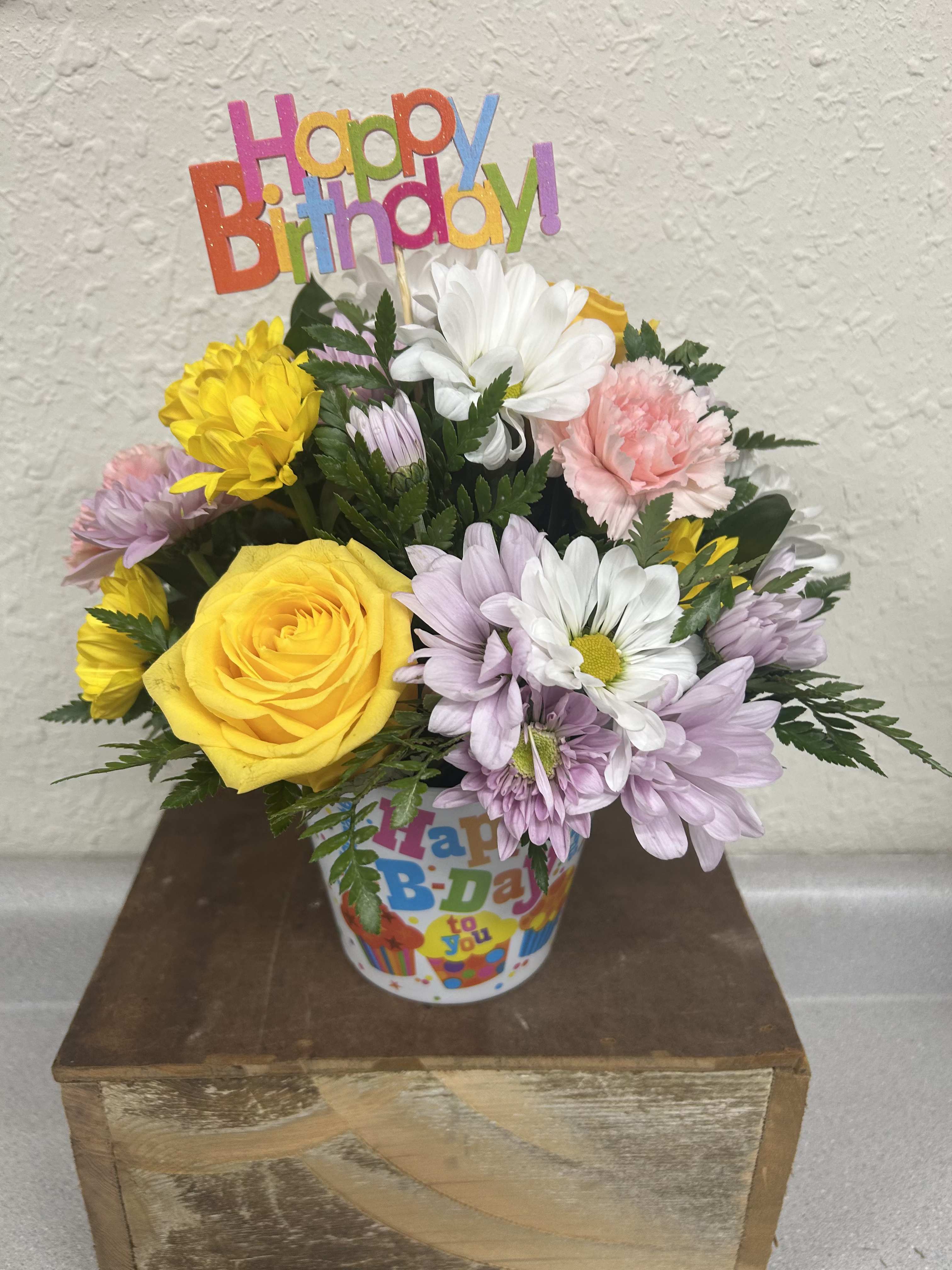 Birthday Blooms Bouquet - Celebrate a Birthday with this fun &amp; festive birthday container filled with bright and happy blooms including mums, carnations and roses.