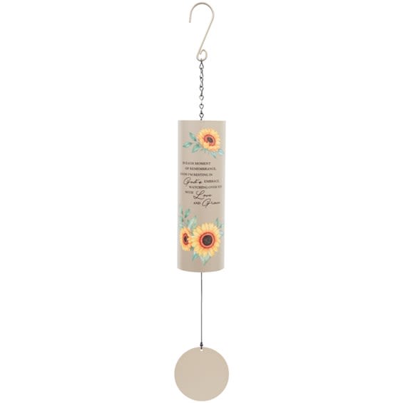 Hanging sunflower wind chime with a beige metal tube and round pendant