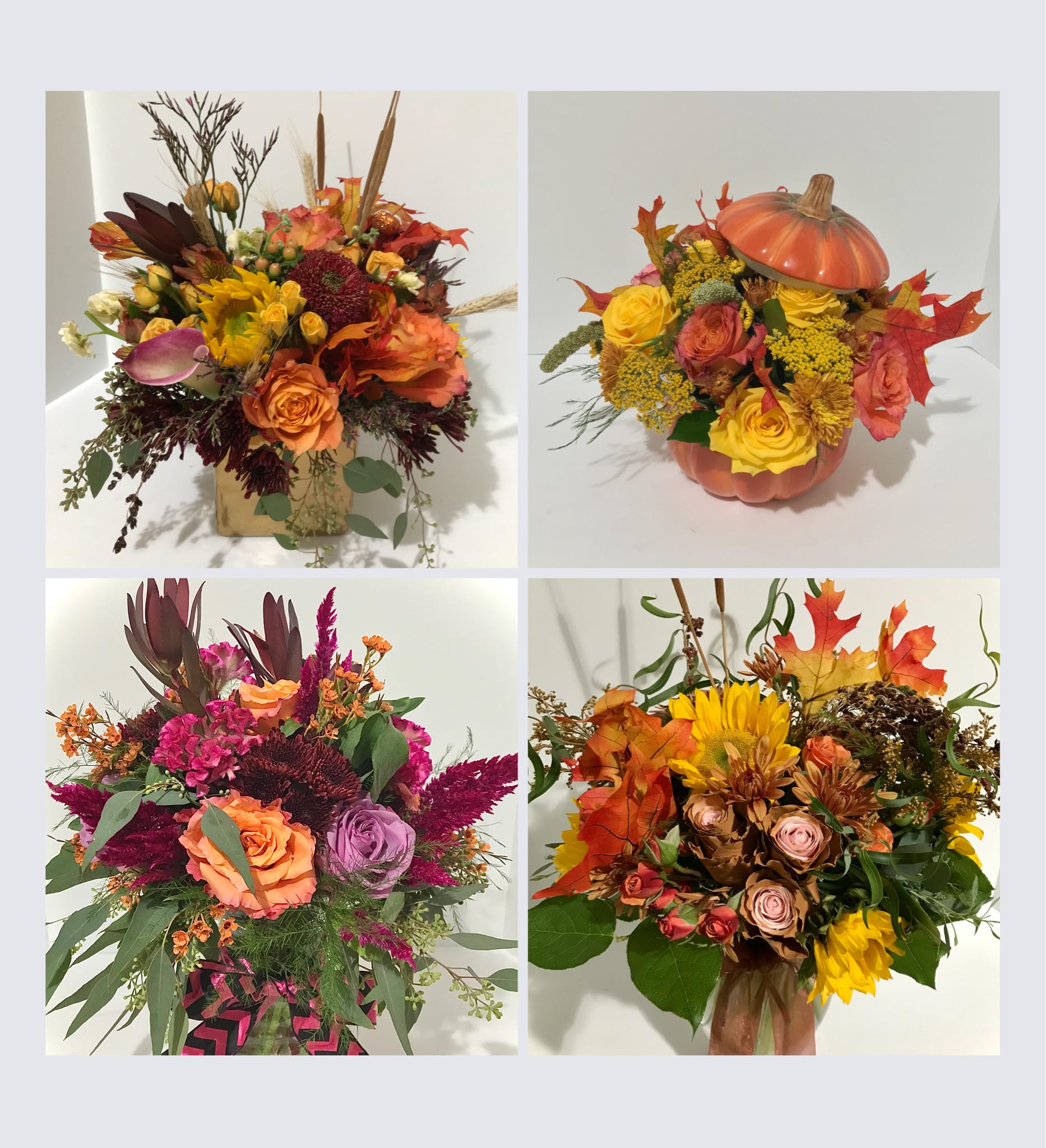 Collage of four fall flower arrangements in warm orange, yellow, and burgundy tones in vases and a pumpkin container