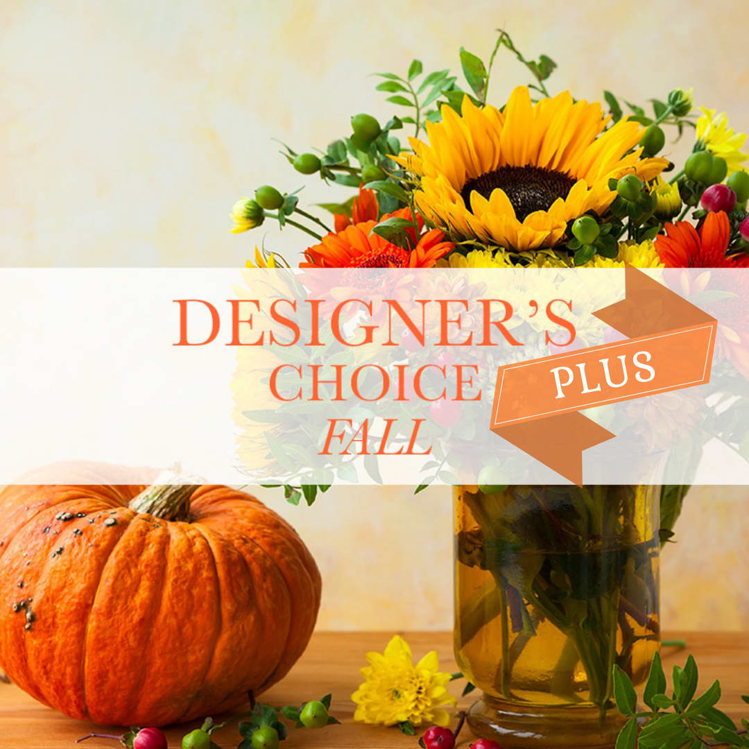 Fall Designer's Choice- Plus - We will make the decisions for you with this "super-sized" designers choice.  The color palette can include colors in reds, yellows, oranges, browns- with accents of purples or pinks.  Grains or branches may also be added.  Let us know the event that the flowers are going for, and we will gear the design towards that appropriate style (Funeral, birthday, holiday etc).
