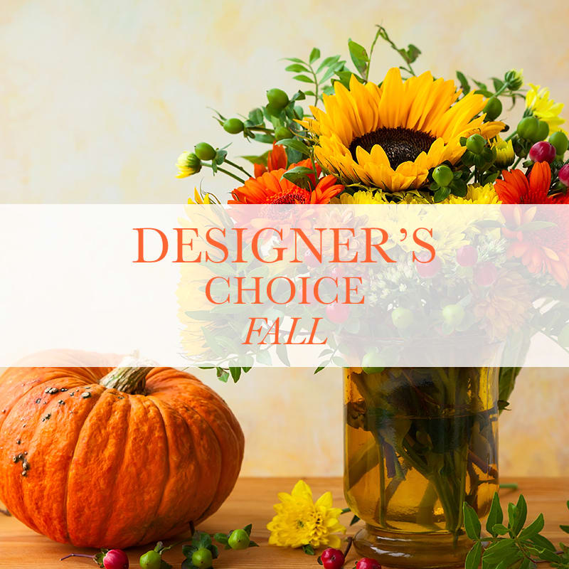 Fall- Designer's Choice - Making decisions can be a challenge- we do the work for you- in this designer's choice, with the colors of fall- yellow, orange, red, burgundy and brown are the starting point for your design.  Feel free to give us suggestions in the "notes to florist" section, including favorite colors and flowers and/or flowers you don't want to see in the design (we don't use carnations or baby's breath, so no need to include those).  Also feel free to include style (traditional, modern, one-sided, or arrangement in foam vs in a vase.  