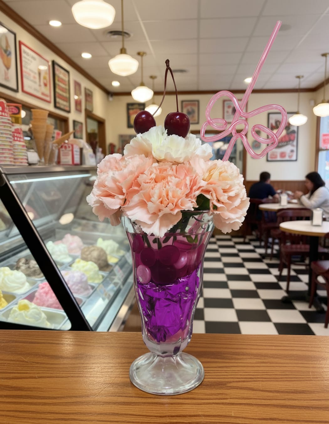 Peach carnations in a tall glass sundae dish with cherries and a pink straw bow