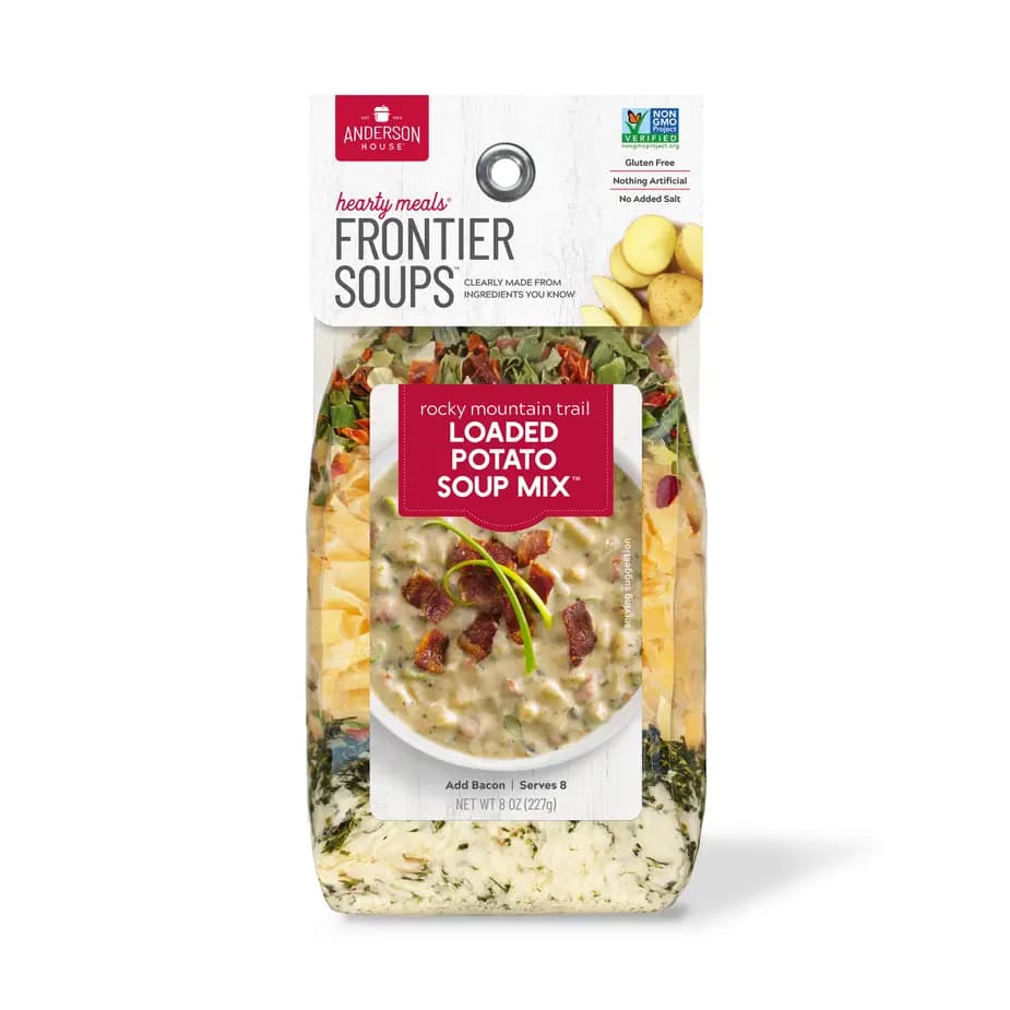 Package of loaded potato soup mix with a bowl of soup on the front