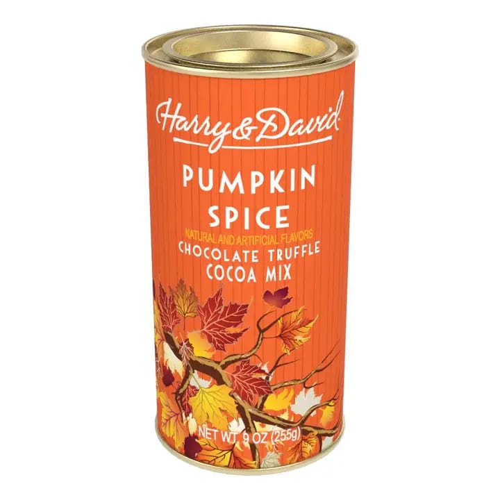 Orange Harry &amp; David pumpkin spice cocoa mix tin with autumn leaves