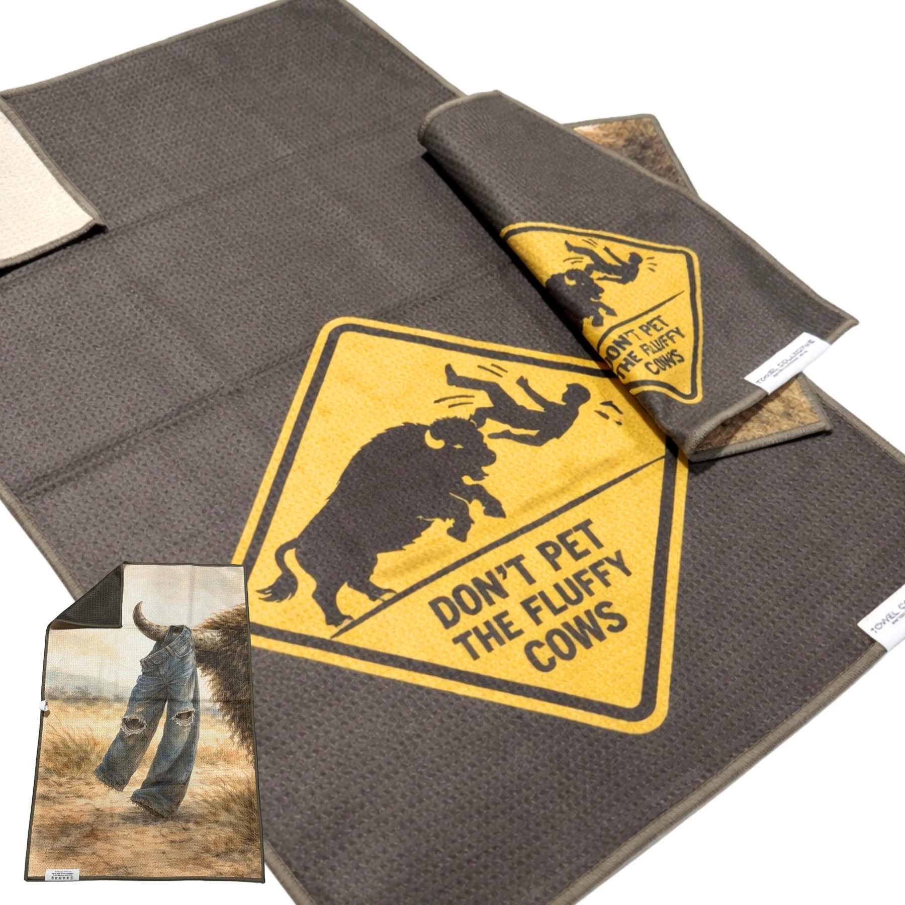 Dark pet mat with a yellow warning graphic and a folded matching mat