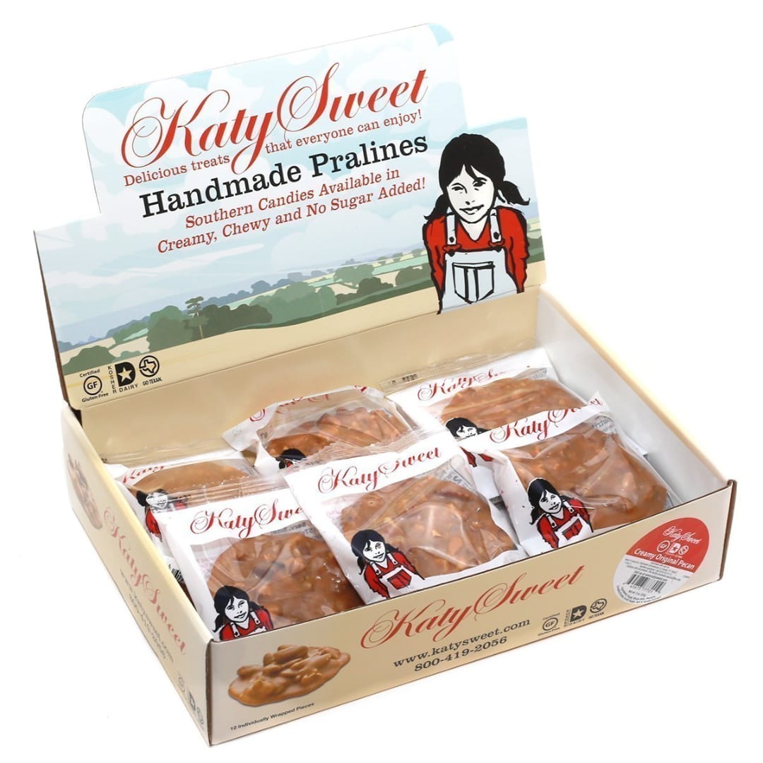 Open box of Katy Sweet pralines in individual packages