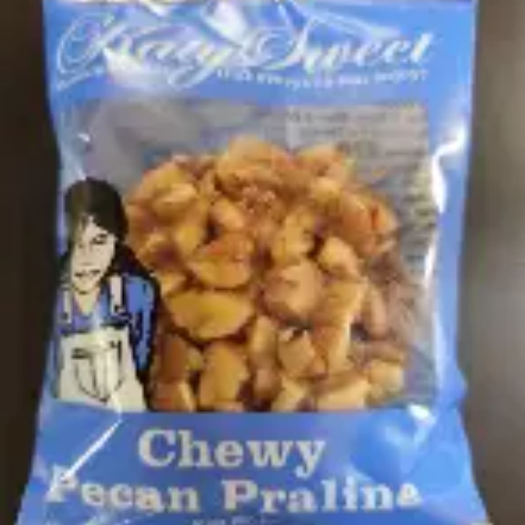 Bag of chewy pecan pralines with a blue label