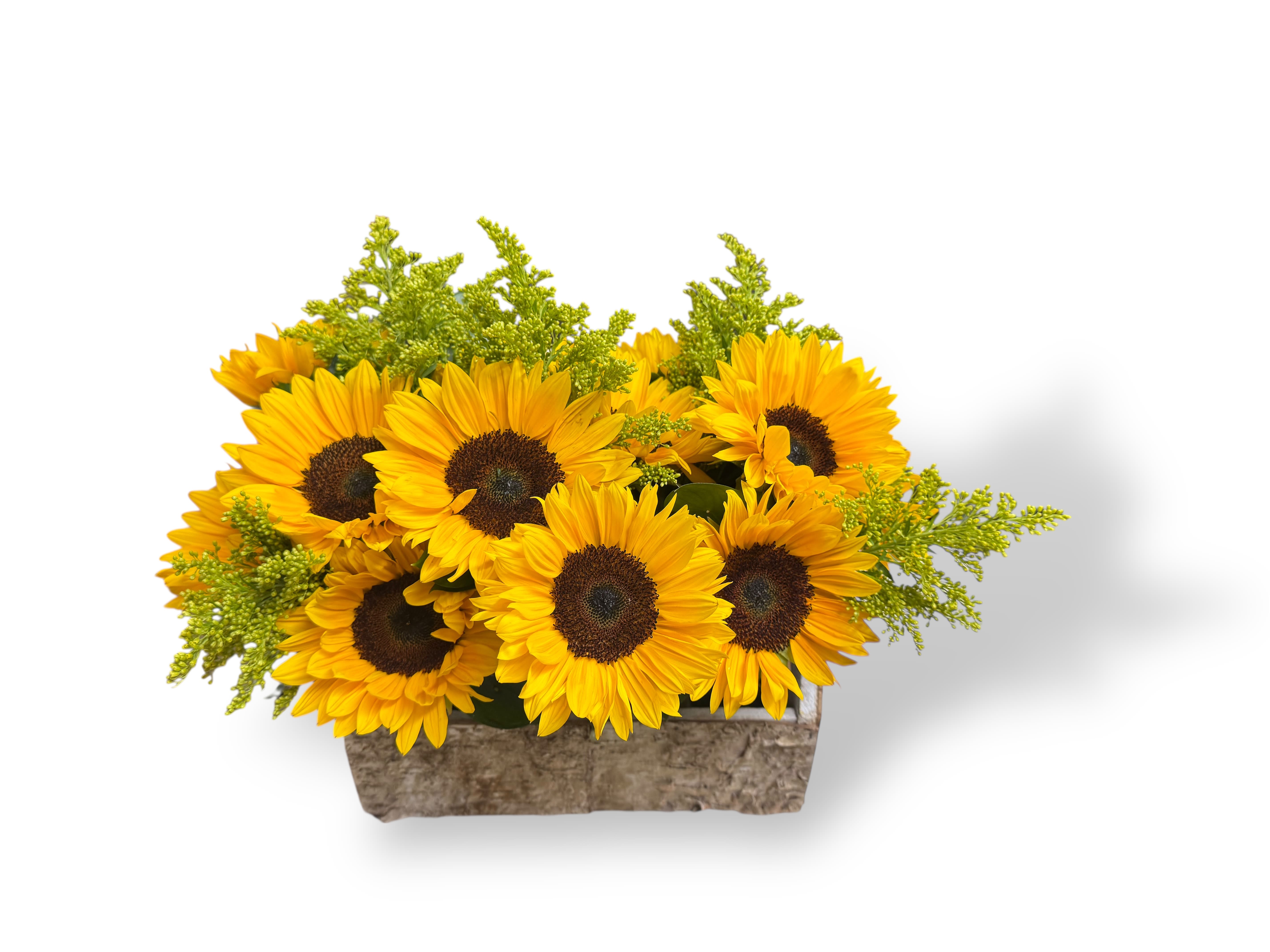 Sunflower arrangement in a rectangular rustic container
