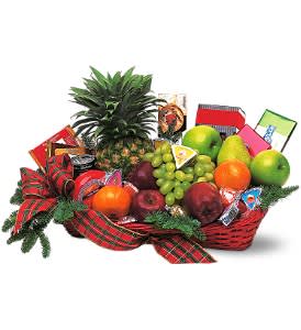 Fruit and Gourmet Basket - This impressive gift basket is filled to the brim with a delicious array of fresh fruits, crackers and cheese. Makes a delicious corporate gift.  Pineapple, apples, oranges, pears and tangerines, along with biscotti, biscuits, candy, cheese and chocolates, arrive in a rectangular tray tied with plaid ribbon.  Approximately 24" W x 15" H   Please note: Same-day delivery is not available for this item. Please allow one additional day for delivery.  As Shown : TF104-3