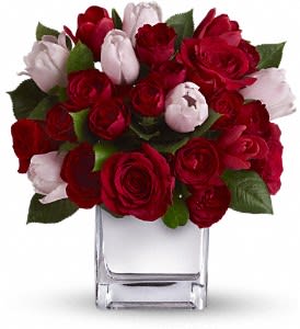 It Had to Be You Bouquet - This charming, heartfelt arrangement puts a unique spin on classic red roses by mixing in elegant red and pink tulips. Presented in our modern mirrored silver cube, this arrangement combines large red roses, lovely spray roses with stunning pink and red tulips!  It is a uniquely stunning selection for any day you want to pamper your special one.  