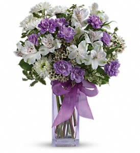 Lavender Laughter Bouquet - Fill her heart with laughter! The ultimate lavender-lover's bouquet, this gleeful gift of white and lavender blooms is delivered in a pretty pale lavender vase she'll cherish forever. Lavender organza ribbon adds that gifting touch.  Includes white alstroemeria, miniature lavender carnations, white chrysanthemums and waxflower, accented with fresh pittosporum and lemon leaf. Delivered in a Bunch vase.  Orientation: One-Sided