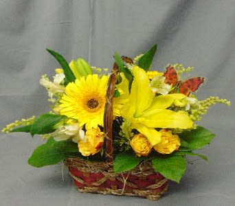 Yellow floral basket arrangement with a gerbera daisy and lily