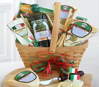Gift basket with Italian food items and cheese wedges