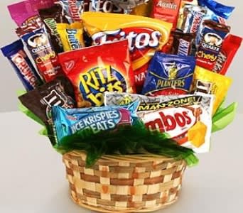 Basket filled with assorted snack bags and chips