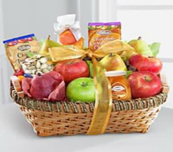 Fruit and snack gift basket with apples, pears, and packaged treats