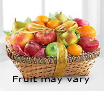 Basket of assorted fruit tied with a gold ribbon
