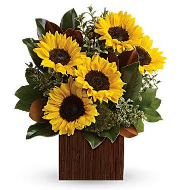 Sunflower arrangement in a wooden box