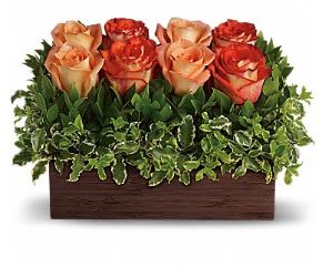 Arrangement of orange roses in a rectangular wooden box
