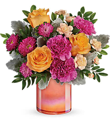 Perfect Spring Peach Bouquet - Just peachy! Celebrate spring or any season, with this lush orange and pink bouquet, artfully gathered in a sunset-inspired peach glass vase with shimmering pearlized finish.