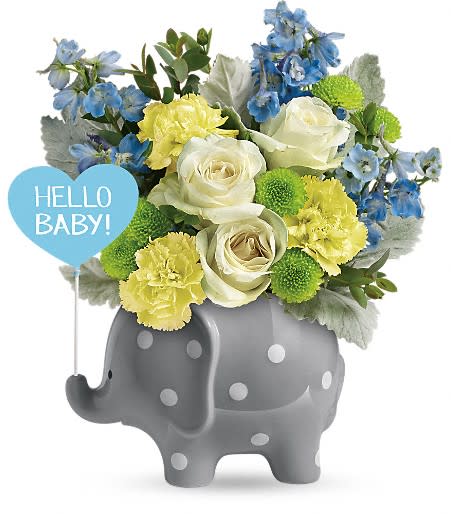 Blue, yellow, and white bouquet in a gray elephant planter with a "Hello Baby!" sign