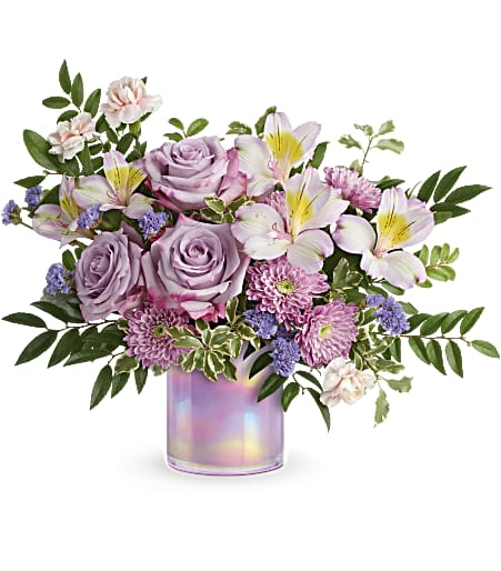 Shimmering Spring Bouquet - Make spring shimmer with this luxurious lavender bouquet, hand-delivered in a keepsake iridescent glass vase she'll treasure forever! 