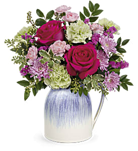  Spring In The Countryside Bouquet -  A Season bouquet of roses, statice, chrysanthemums &amp; festive greenery arranged in a pretty pitcher.  Spring In The Countryside Bouquet by Teleflora