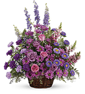 Gracious Lavender Basket - Soothing lavender, respectful purple and compassionate pinks are combined beautifully in this basket overflowing with pretty flowers, sincerity and sympathy. A lovely way to share your thoughts and pay tribute to someone special. 