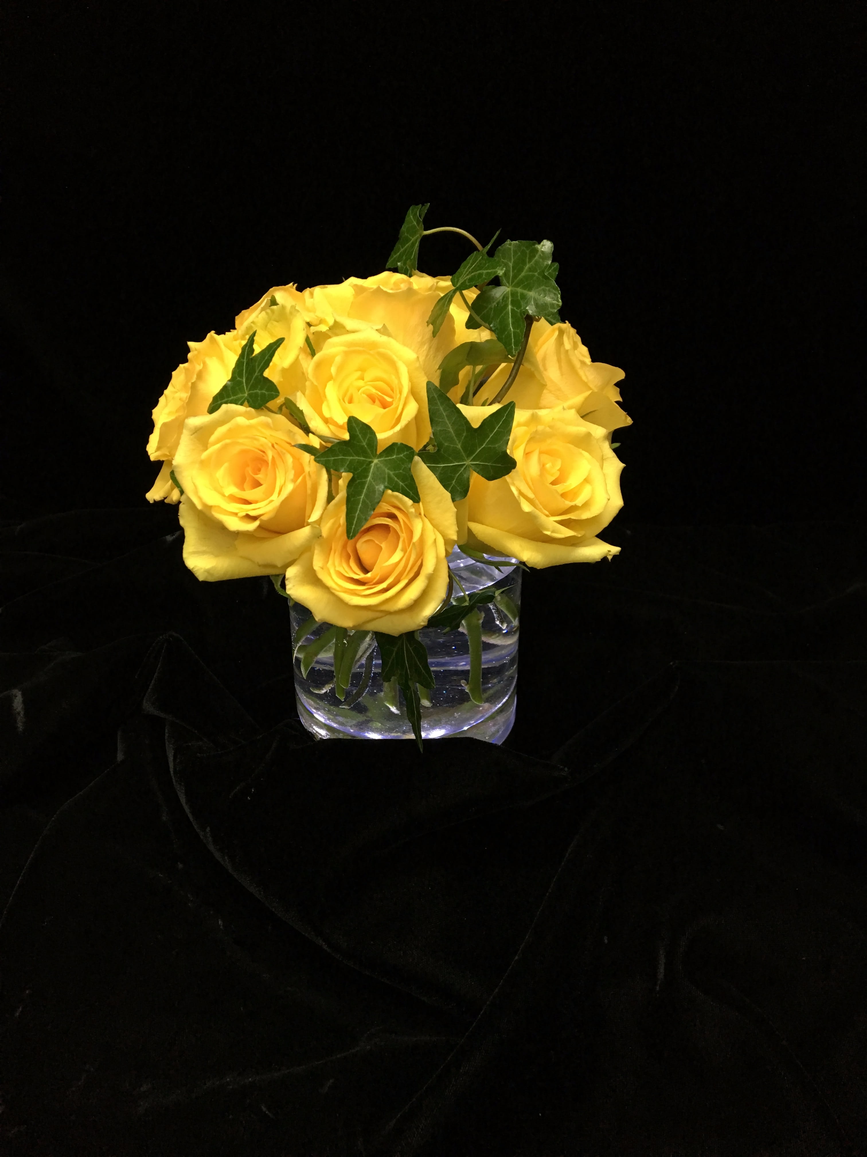 Compact arrangement of yellow roses with trailing ivy in a clear glass cube vase on black fabric.