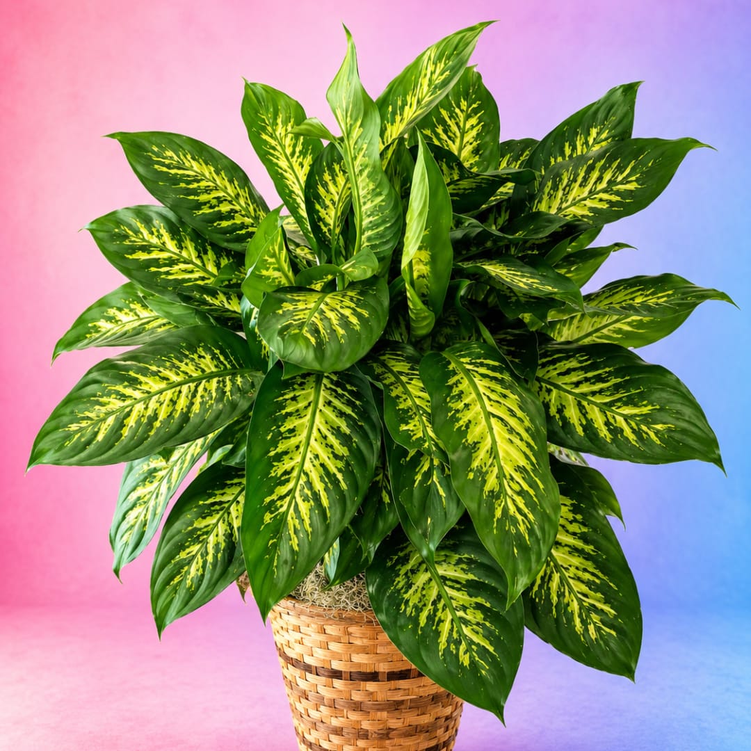 Potted leafy plant with green and yellow variegated leaves in a woven basket