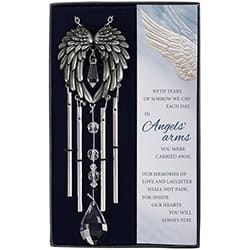 Gift Boxed Chime In Angels' Arms 10 3/4" Long x 2 1/2" Wide - Metal and high quality glass crystals. Chime is 10.75" long and 2.5" wide. Gift boxed. Includes words "With tears of sorrow we cry each day,In angels' arms you were carried away. Our memories of love and laughter shall not fade,For inside our hearts you will always stay.