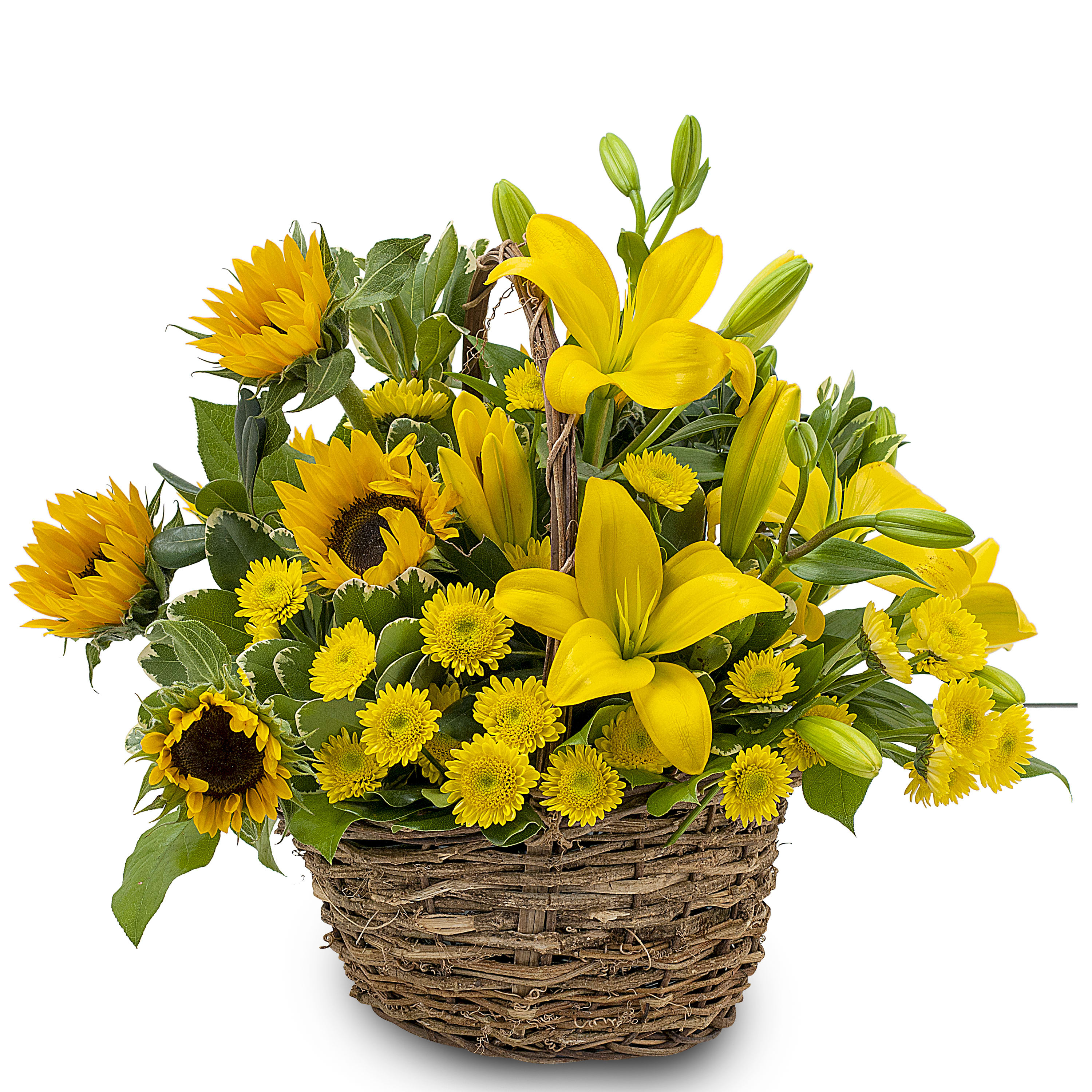 Yellow lilies and sunflowers arranged in a wicker basket