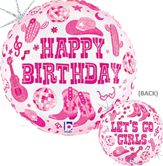 18" Disco Cowgirl Birthday Foil Balloon  - 18" Pink Shimmery Disco Cowgirl Helium Balloon